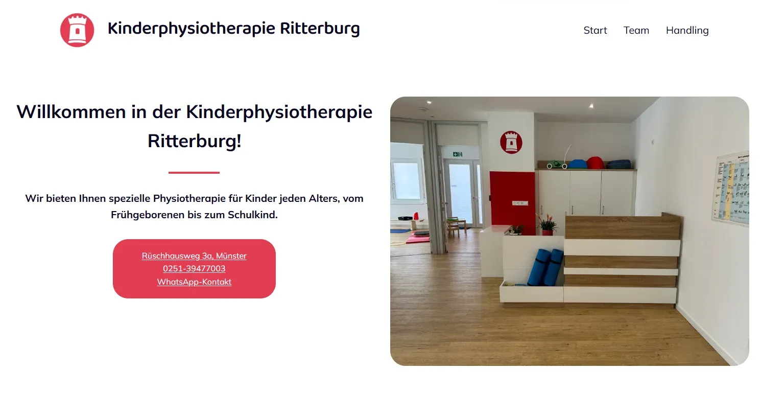 Startseite der Website der Kinderphysiotherapie Ritterburg in Münster mit Praxisfoto und Kontaktdaten
